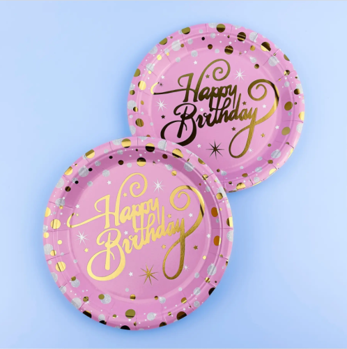 Тарілки одноразові паперові «Рожеві Happy birthday» 18 см,10 шт
