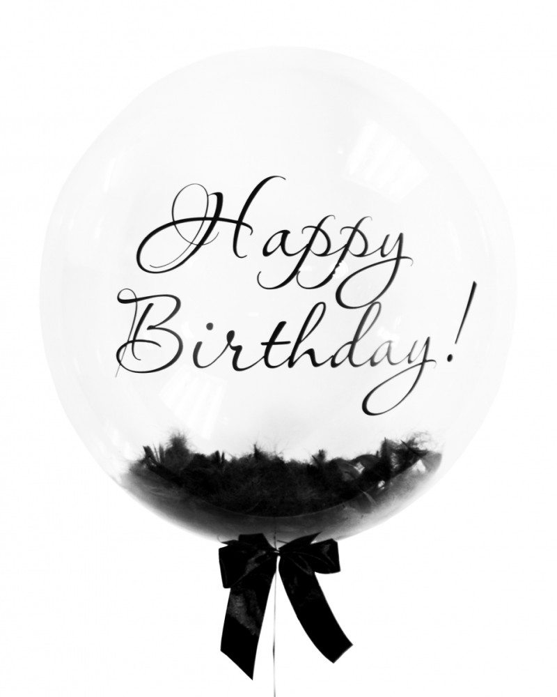 Гелієва кулька Bubble із чорними пір’ями, напис (Happy birthday)